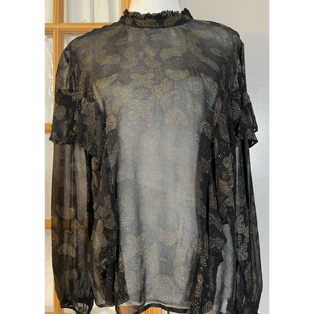 90s Lucky Brand Ruffled Sheer Blouse Size XL Black Beige Abstract Long Sleeve